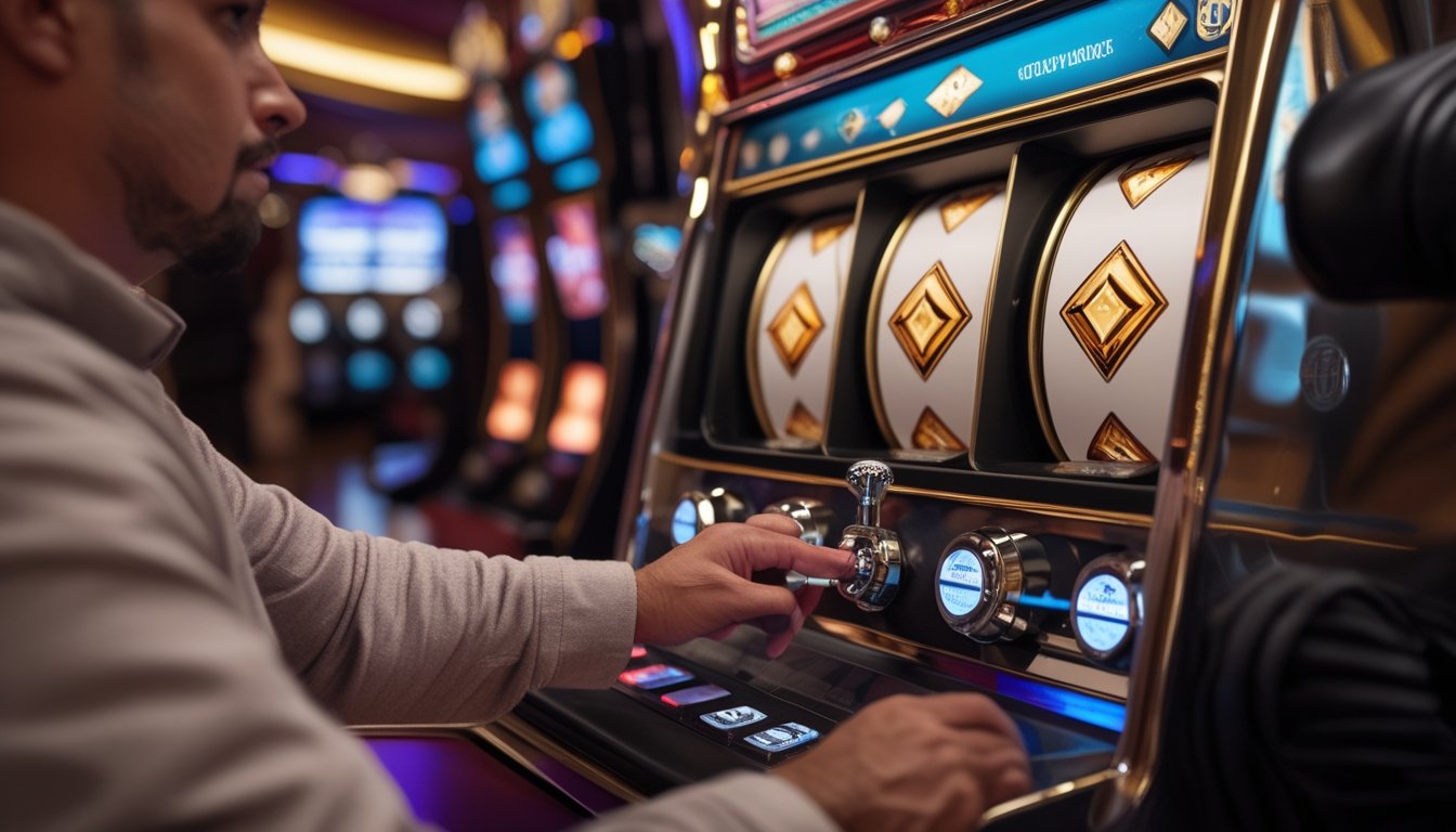 Seorang pemain dewasa memainkan mesin slot berlambang berlian di kasino modern.