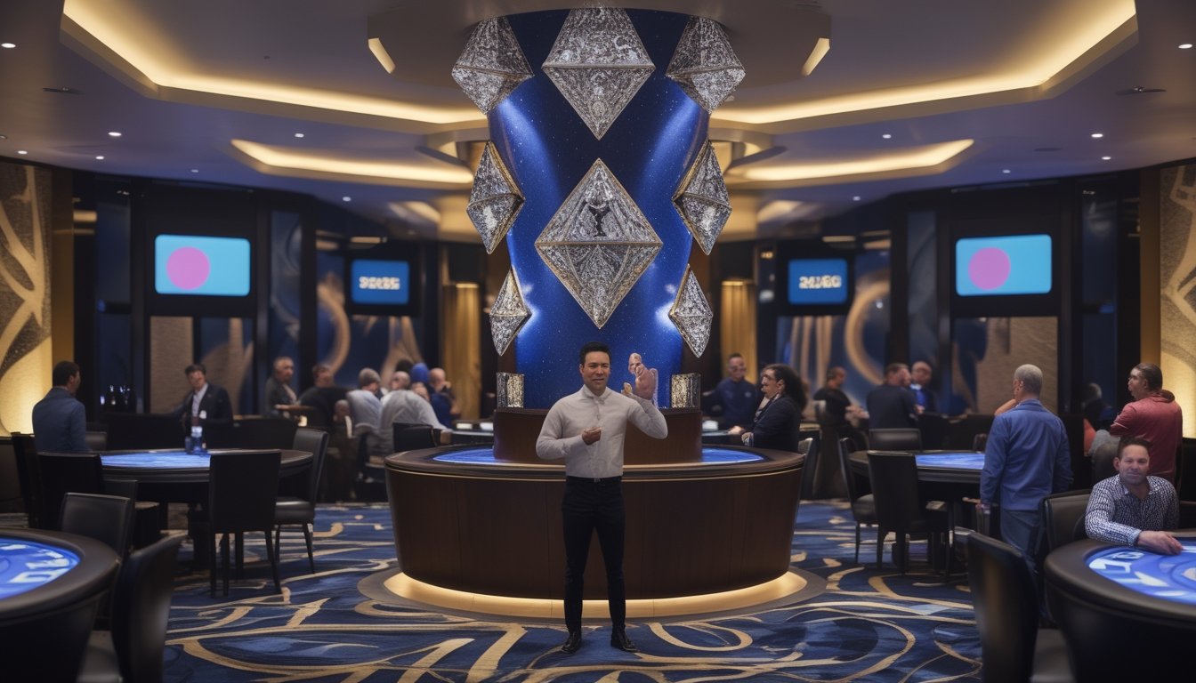 Suasana lounge kasino modern dengan dekorasi tiga berlian dan pengunjung dewasa.