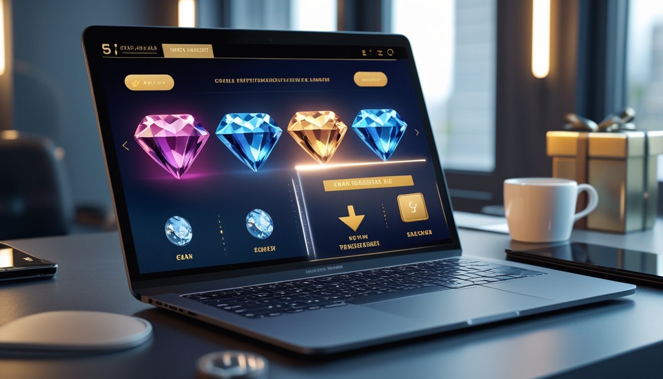 Laptop menampilkan permainan berlian abstrak dengan ikon keamanan dan hadiah selamat datang di meja kerja modern.