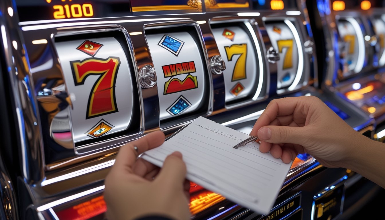 Seseorang mempelajari garis pembayaran pada mesin slot bertema berlian di suasana kasino.