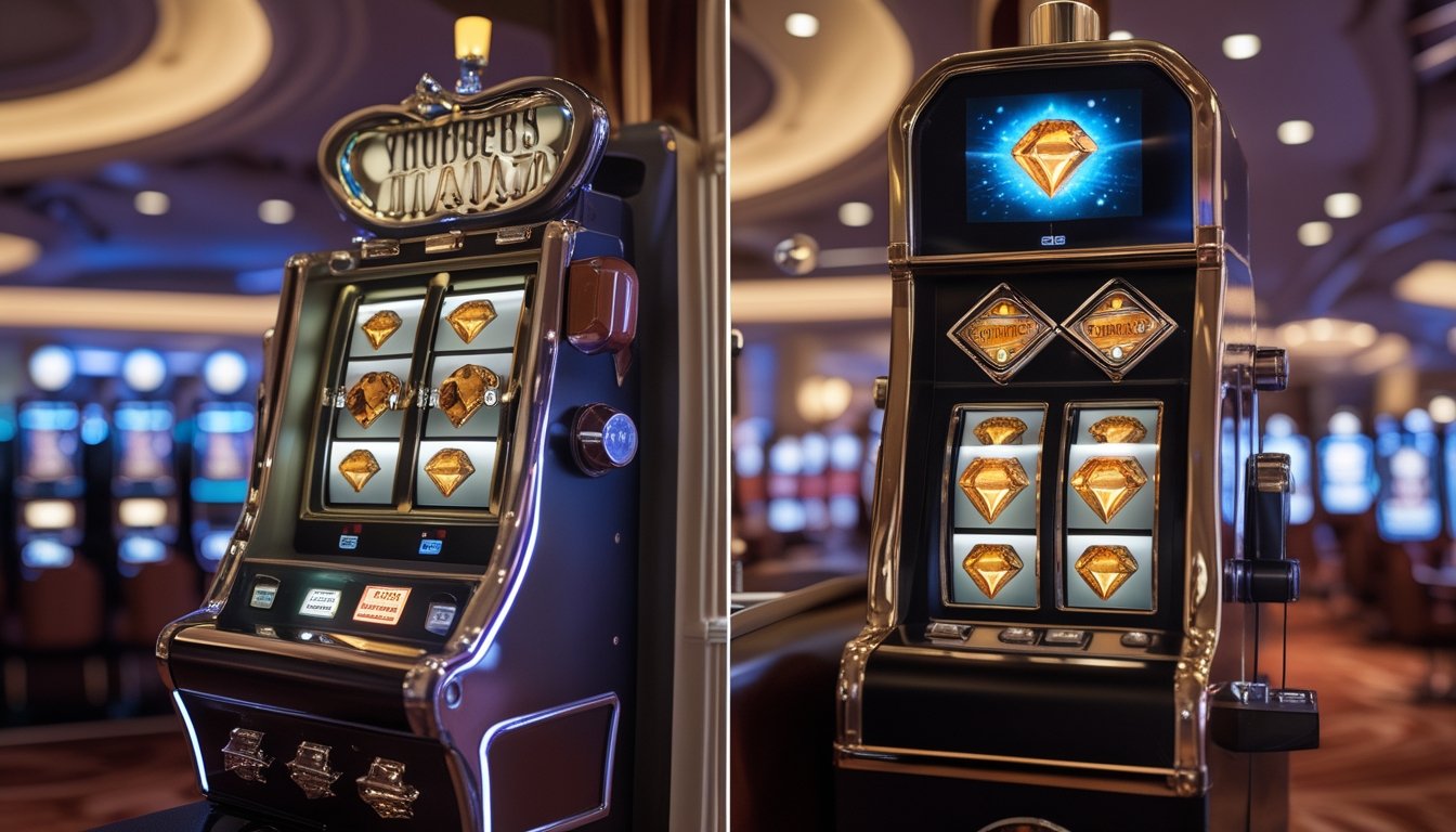Dua mesin slot berdampingan, satu bergaya klasik dan satu bergaya modern, dalam suasana kasino.