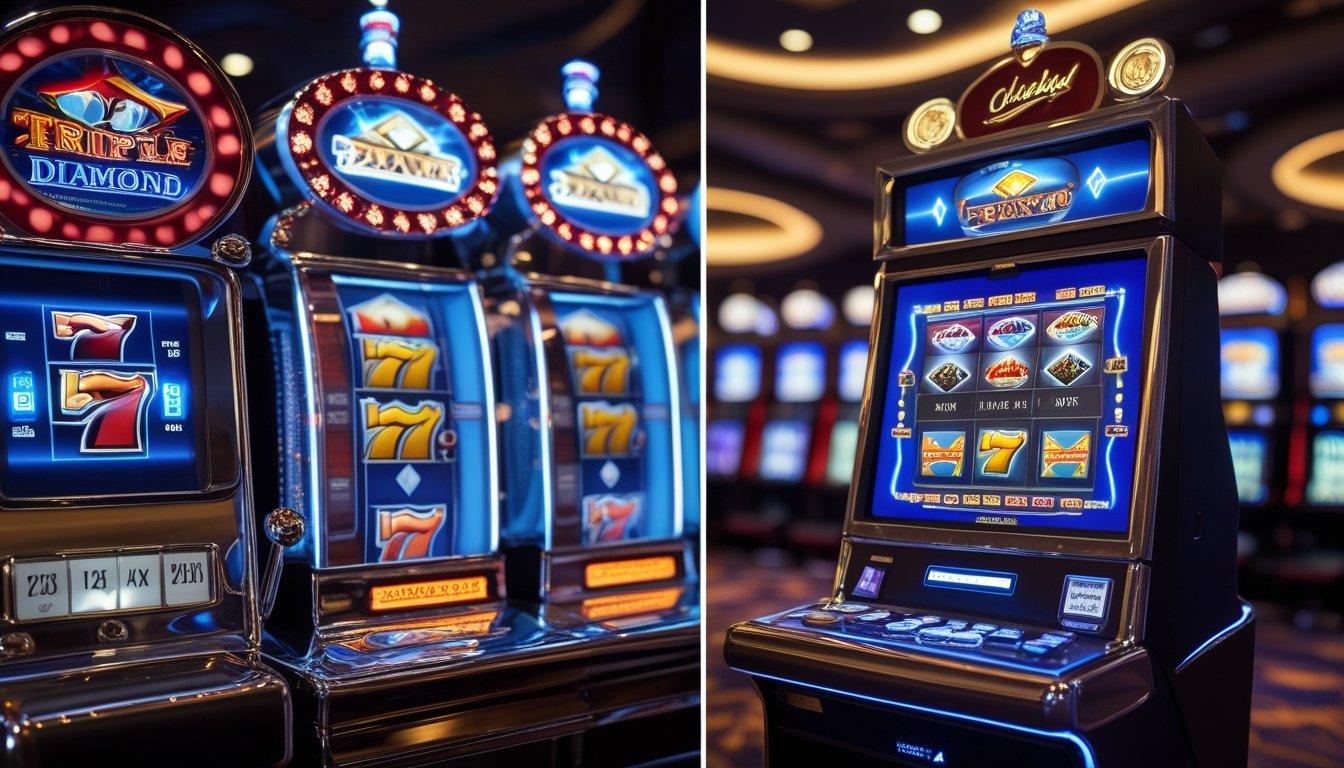Mesin slot mekanis klasik dan mesin slot digital modern ditampilkan berdampingan di lingkungan kasino.