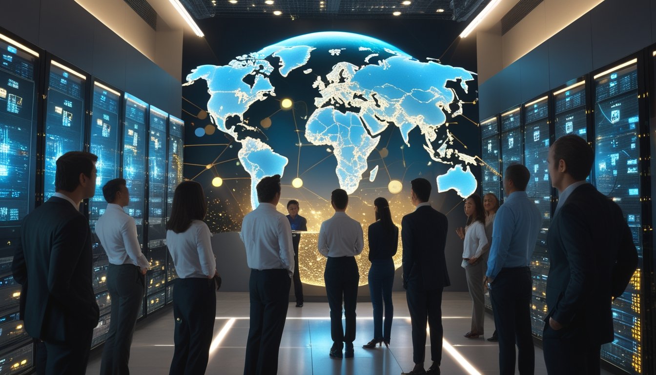 Profesional mengamati jaringan server global dan visualisasi data di pusat teknologi modern.