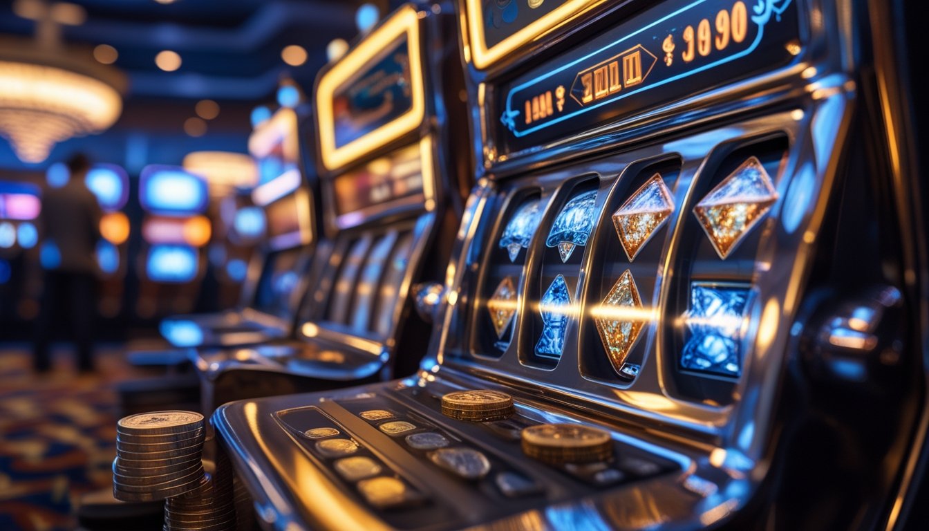 Mesin slot bertema berlian dengan beberapa koin dan tumpukan chip kecil di lingkungan kasino.