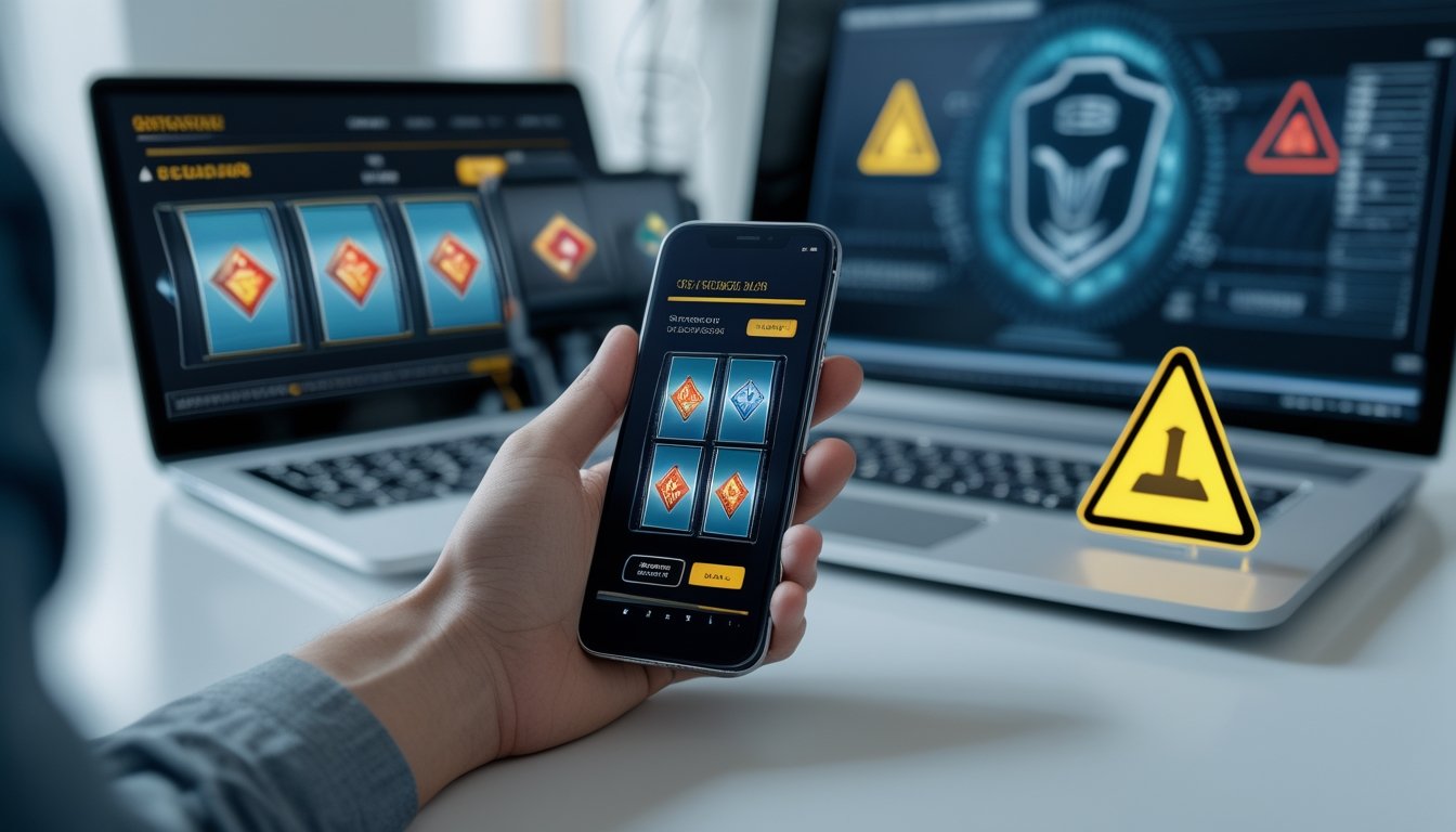 Seorang analis keamanan memeriksa ponsel dengan tampilan permainan slot dan tanda peringatan digital di samping laptop.