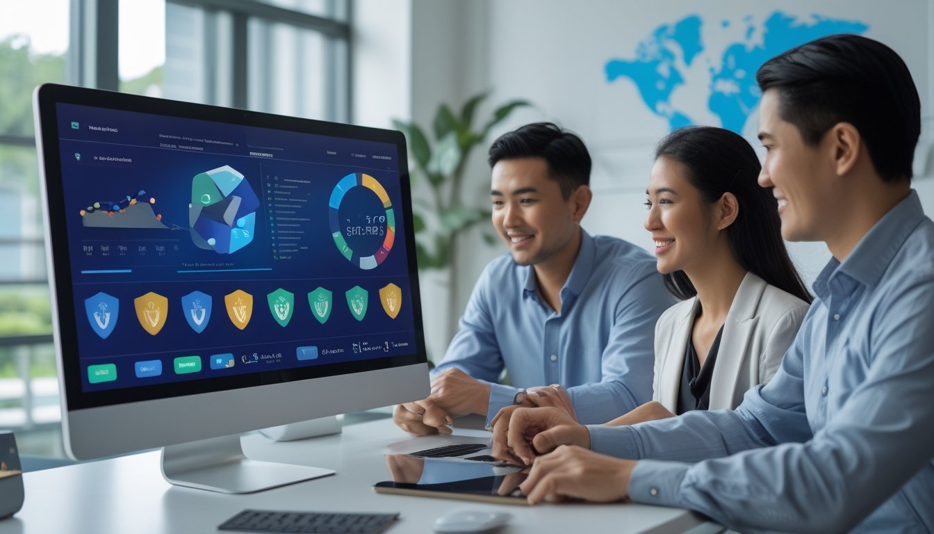 Tim profesional Indonesia bekerja bersama di kantor modern dengan layar analitik digital.