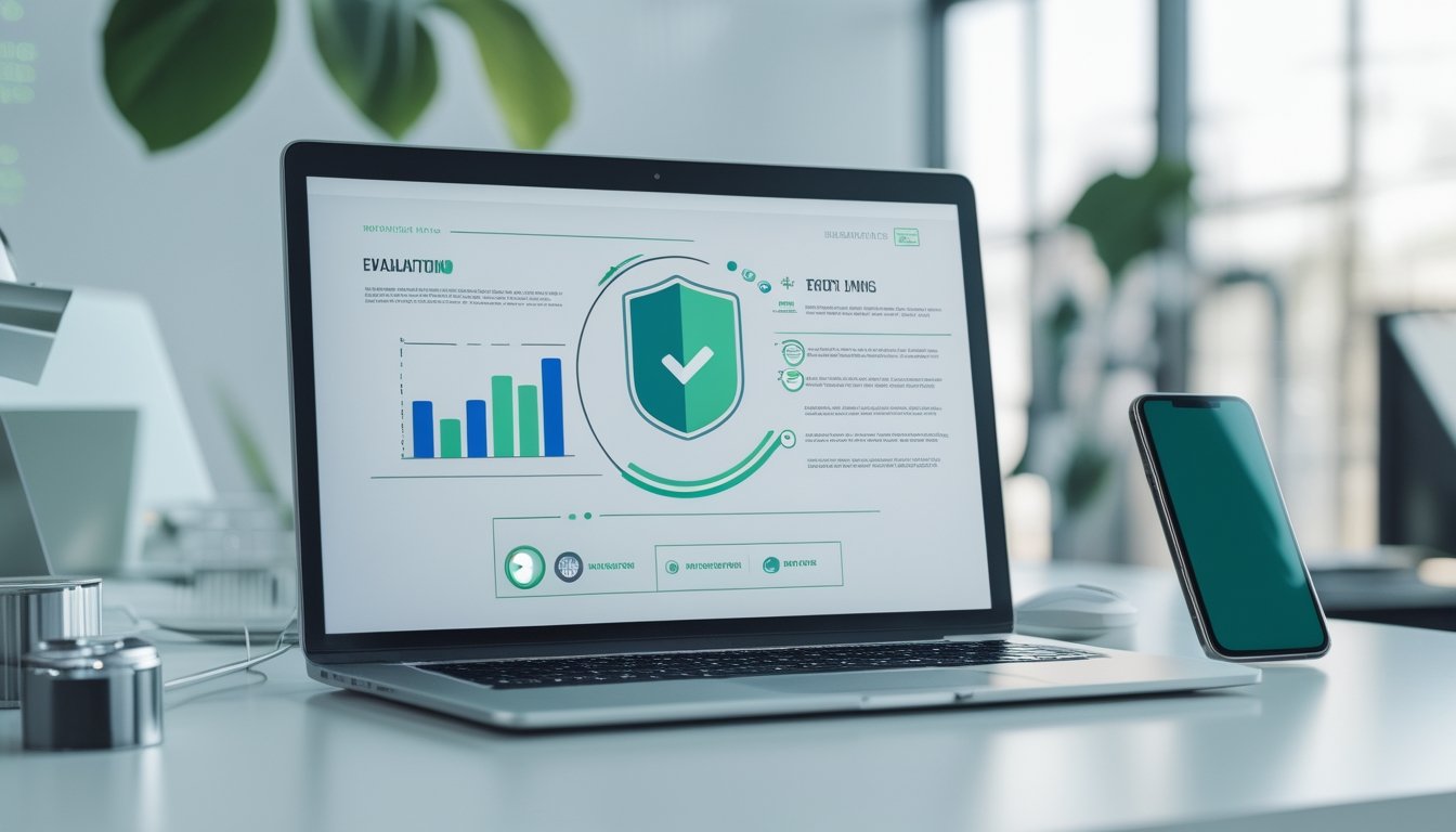 Laptop dan ponsel di atas meja dengan simbol keamanan dan analisis platform.