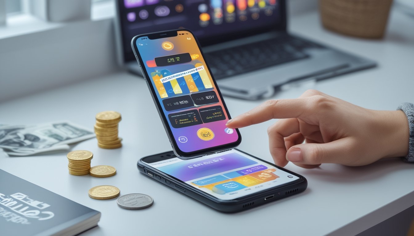 Tangan seseorang menggunakan ponsel dengan tampilan permainan digital di meja kerja modern.
