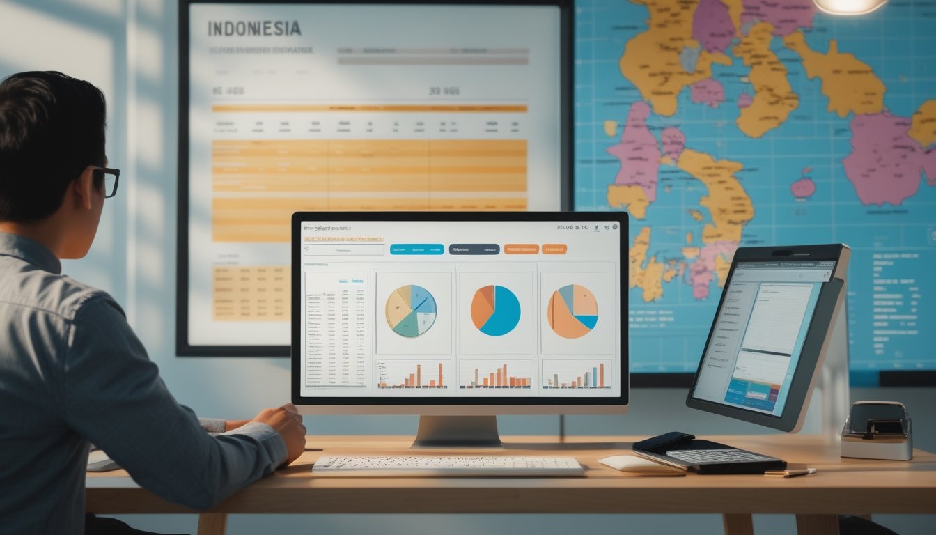 Seorang analis meninjau grafik statistik dan peta Indonesia di ruang kerja modern.
