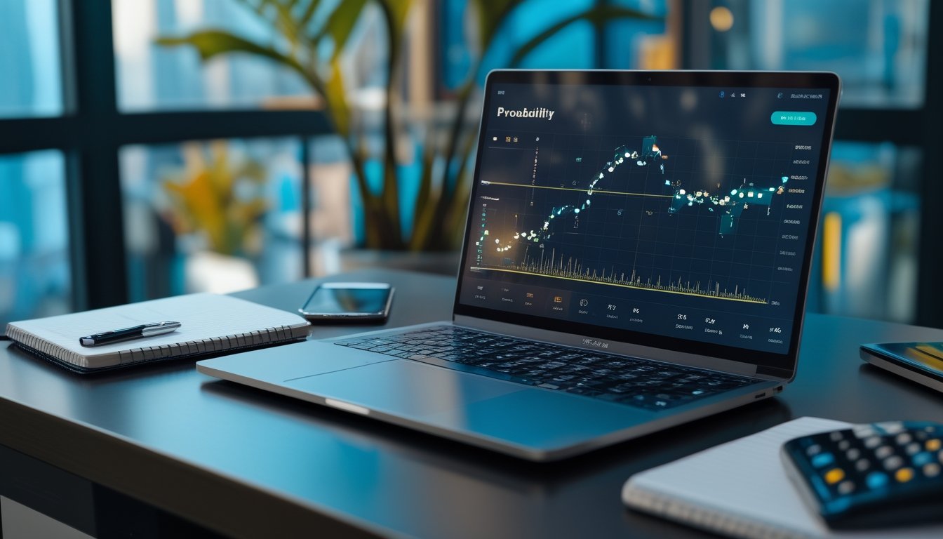 Meja kerja modern dengan laptop, ponsel, kalkulator, dan visualisasi data abstrak.