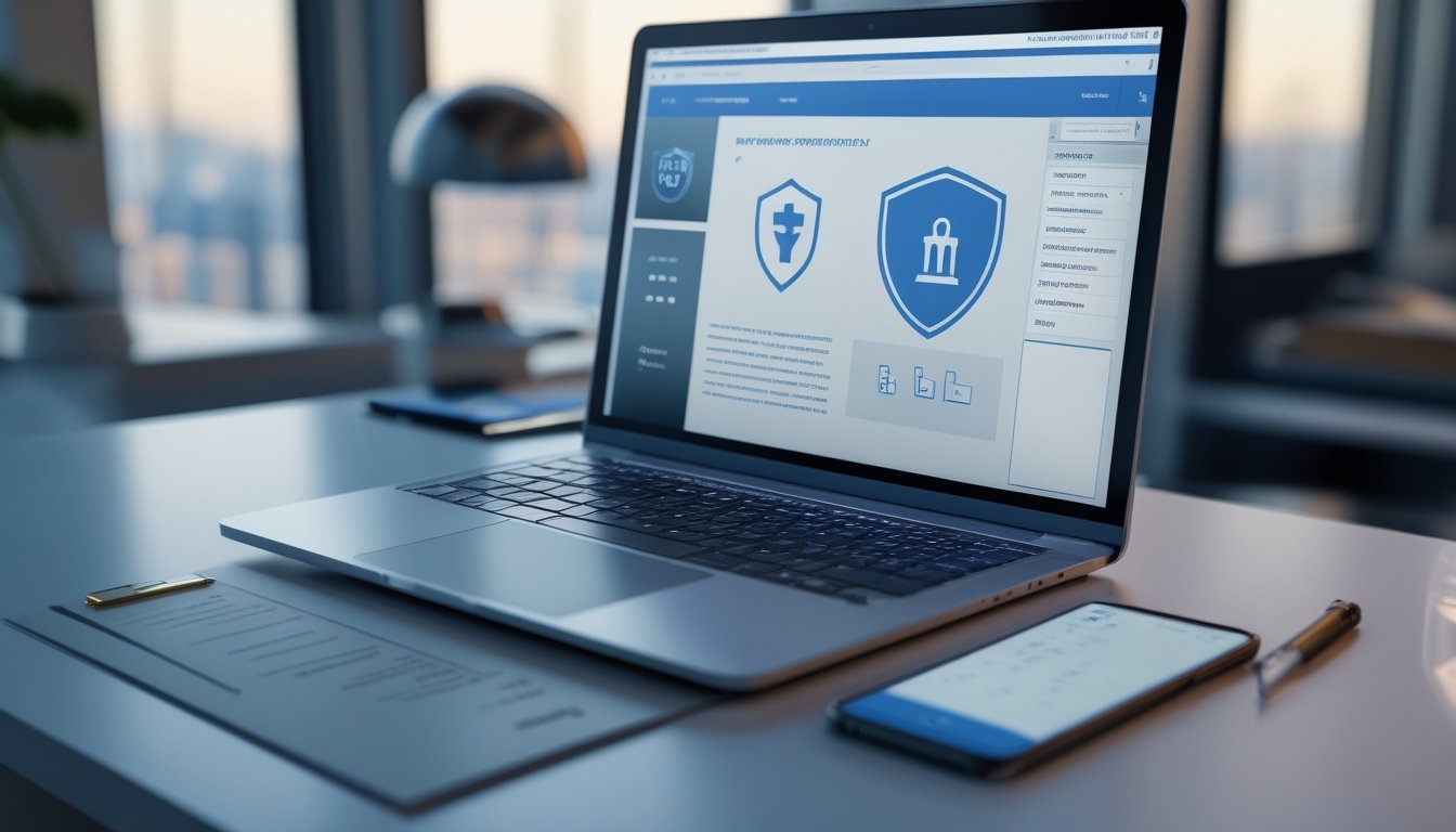 Meja kerja profesional dengan laptop, dokumen verifikasi, simbol keamanan, dan elemen hukum untuk menilai kredibilitas platform.