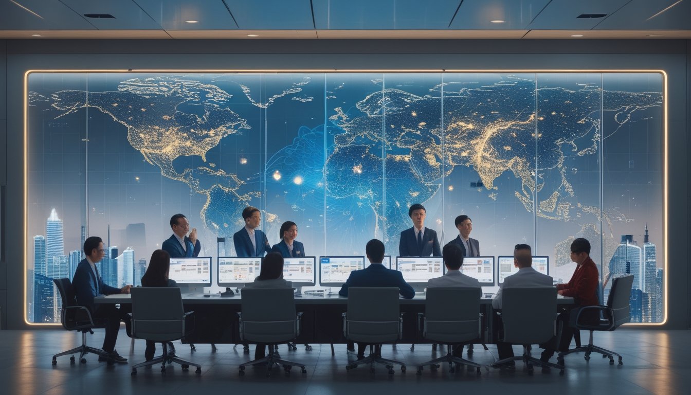 Sekelompok profesional Asia membahas analitik digital di kantor modern dengan pemandangan kota.