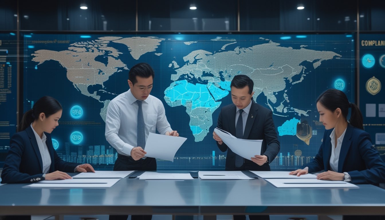 Para profesional Asia meninjau dokumen kepatuhan di depan peta digital kawasan Asia.