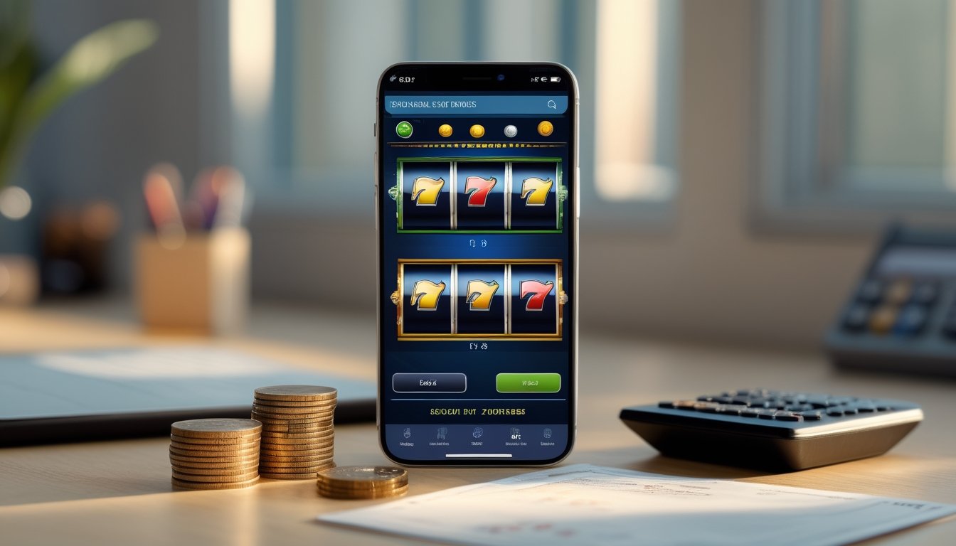Ponsel dengan permainan mesin slot dan beberapa koin di atas meja kerja.