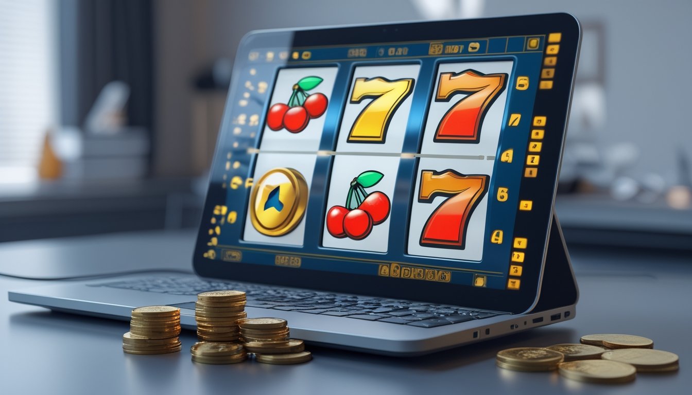 Perangkat digital menampilkan permainan mesin slot bertema 777 dengan koin di atas meja.