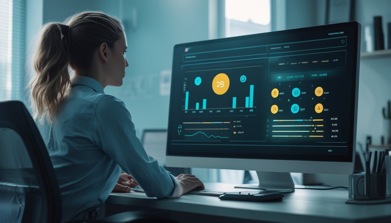 Pemain dewasa mengamati grafik analitik permainan slot pada monitor di ruang kerja modern.