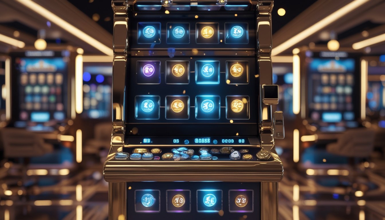 Mesin slot mewah bercahaya di ruang permainan modern dengan koin berkilauan di sekitarnya.