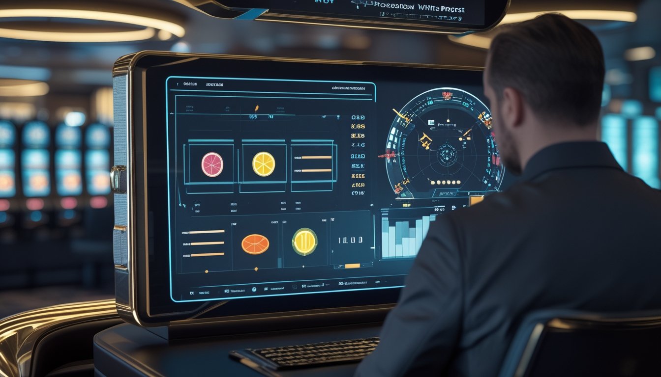 Seorang pemain dewasa mengamati mesin permainan digital dengan grafik analisis peluang di lounge bergaya modern.