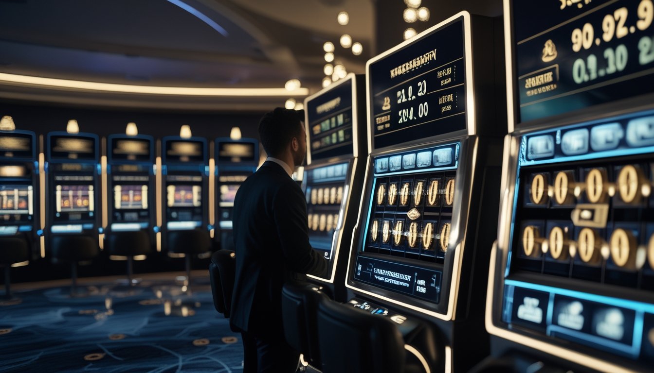 Mesin slot modern dengan cahaya keemasan, koin, dan pola visual yang menggambarkan jackpot progresif.
