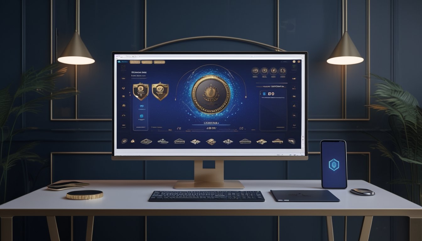 Meja modern dengan monitor, ponsel, dan tablet yang menampilkan antarmuka digital abstrak bernuansa biru tua dan emas.