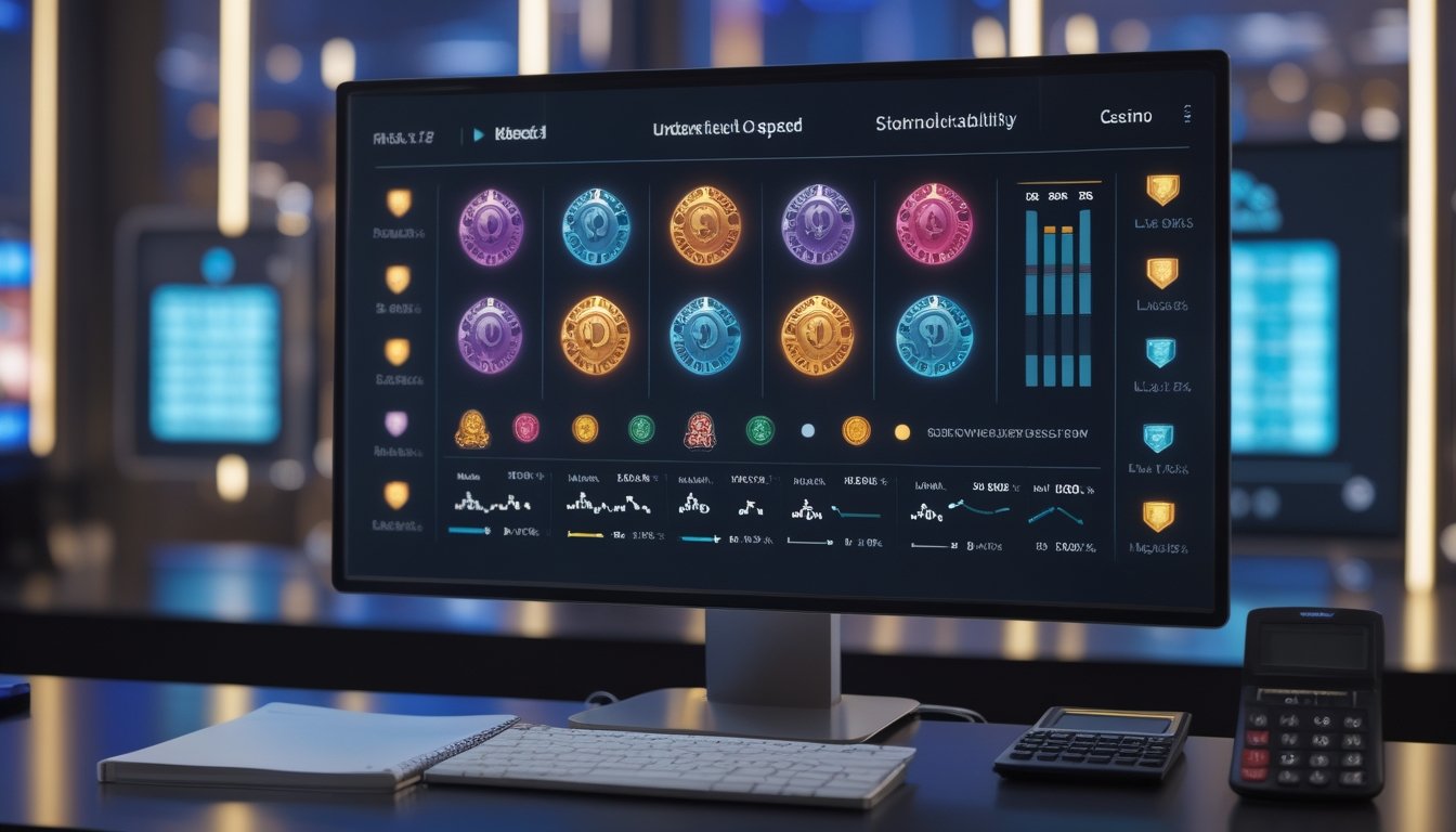 Monitor menampilkan grafik analisis dan simbol permainan digital di atas meja kerja modern.