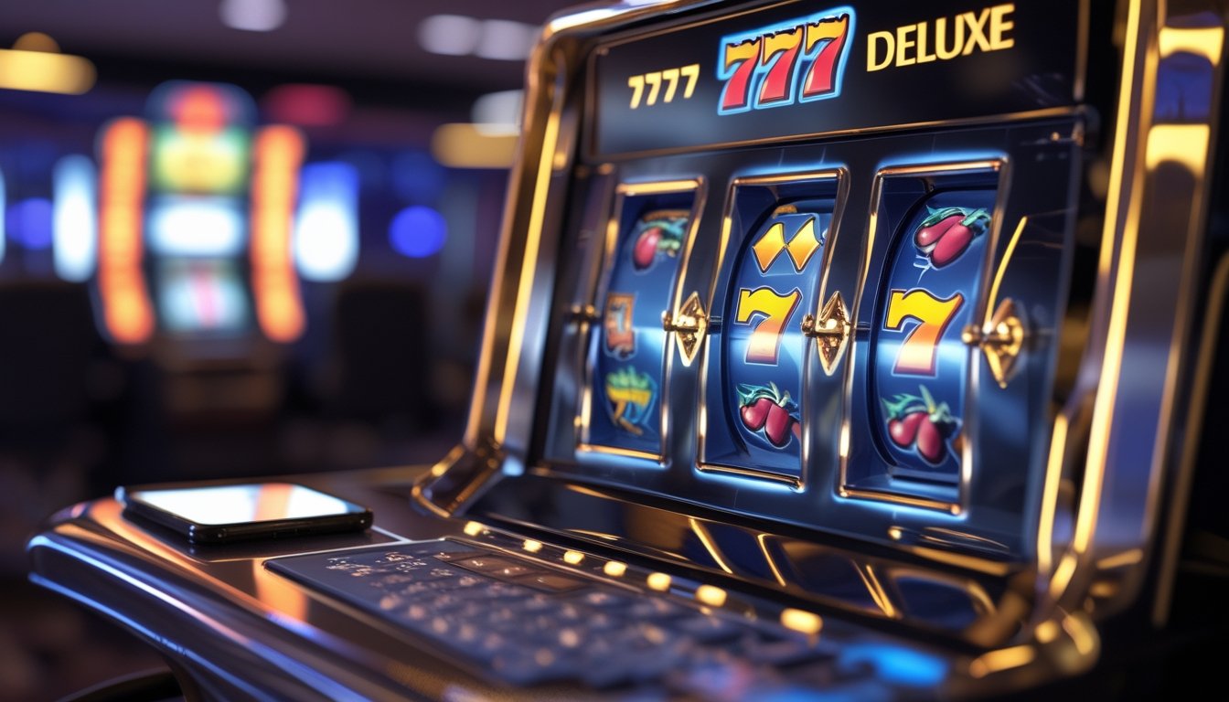 Mesin permainan slot digital bergaya kasino dengan ornamen emas dan perangkat seluler di sampingnya.