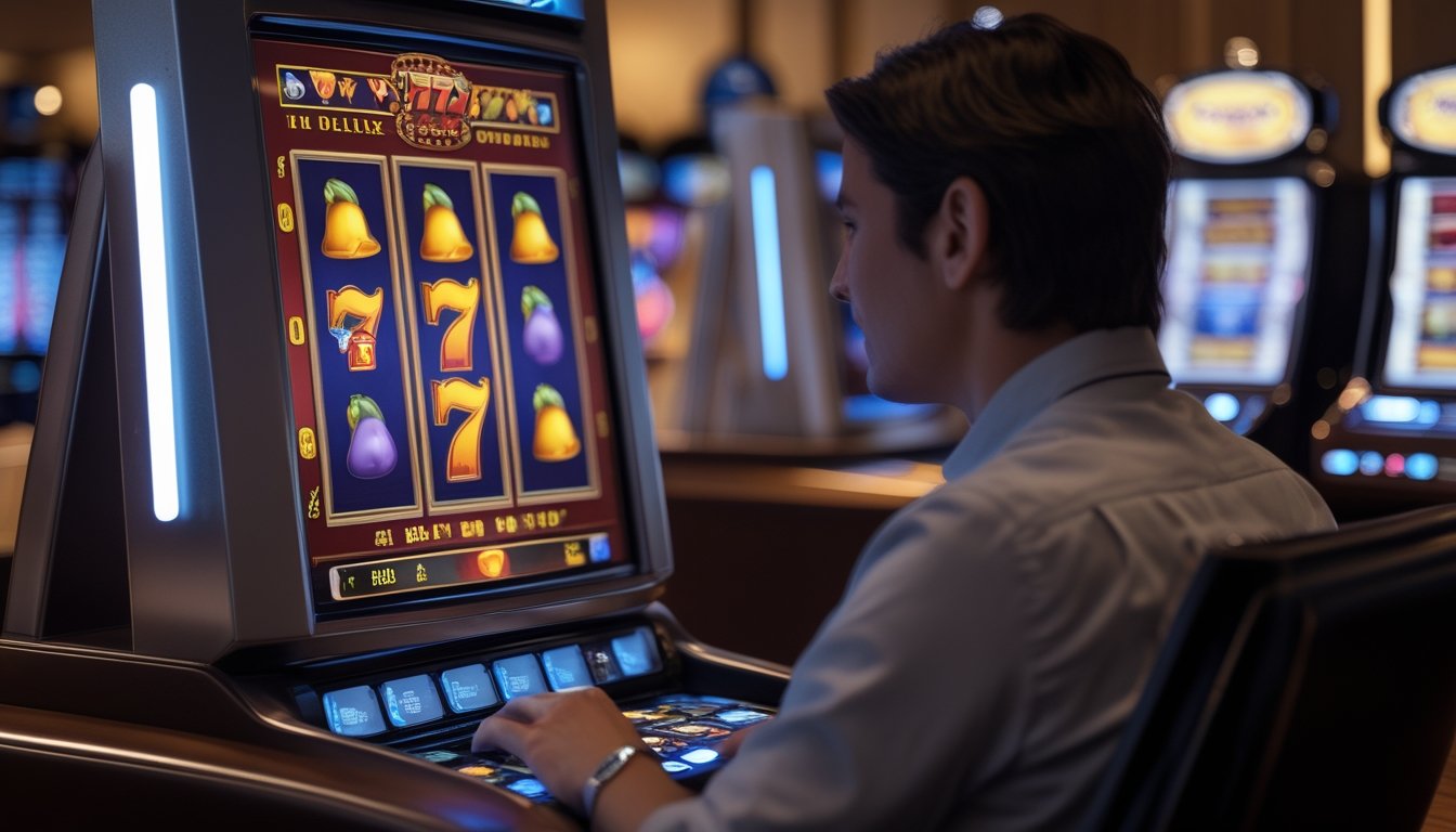 Seorang pemain dewasa mempelajari permainan slot digital di lingkungan kasino modern.