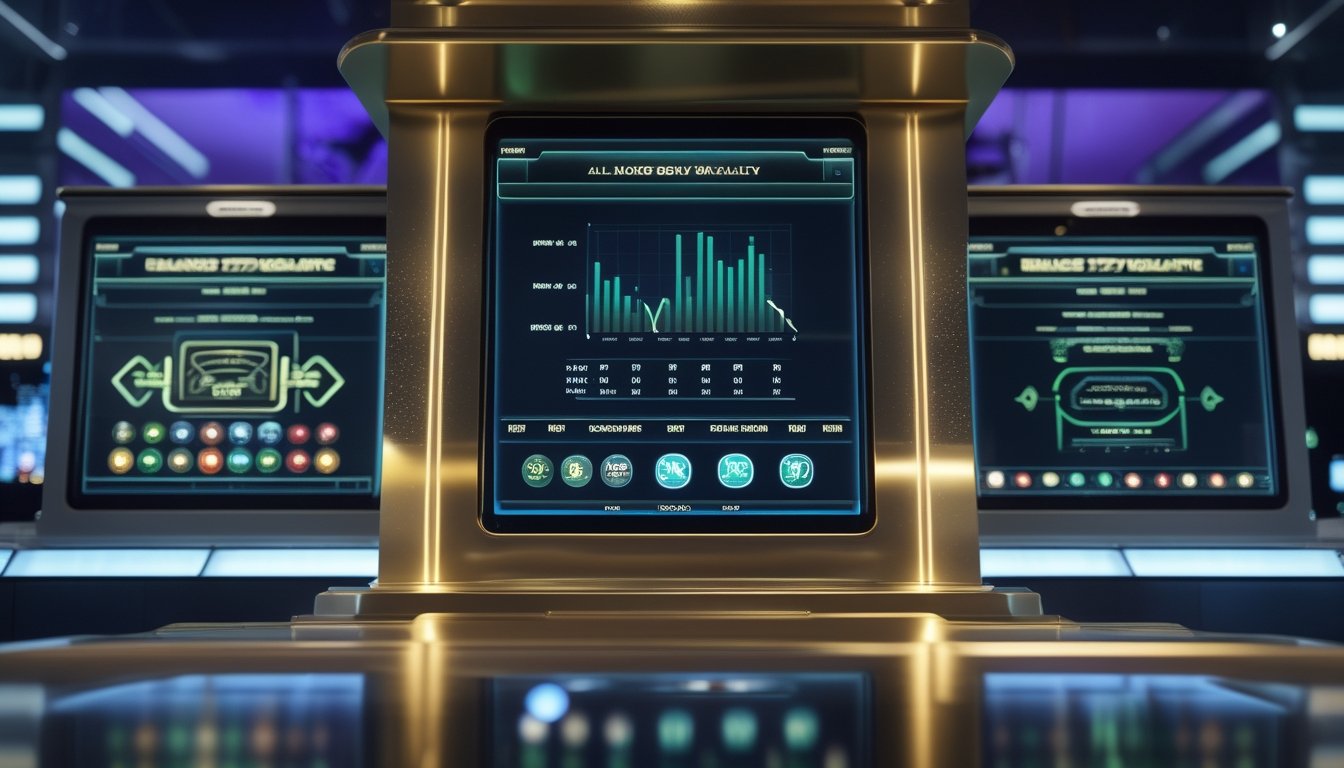 Layar mesin slot digital dengan grafik volatilitas abstrak di ruang analisis modern.
