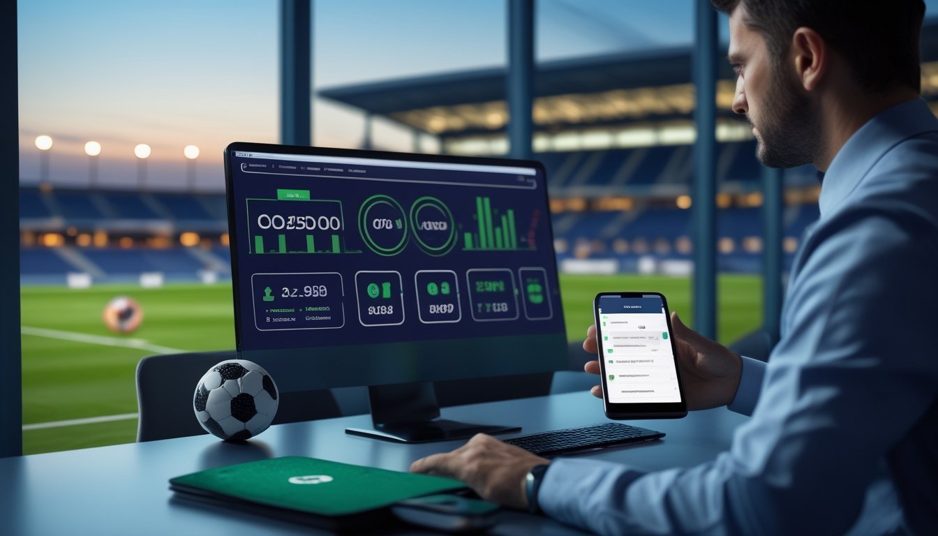 Seorang analis meninjau data pertandingan sepak bola di ruang kerja modern dengan stadion terlihat melalui jendela.