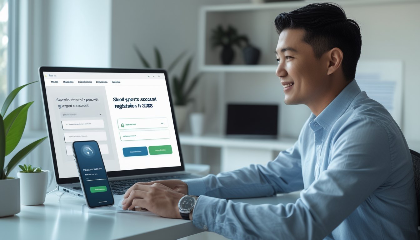 Seseorang mendaftarkan akun secara online menggunakan laptop dan ponsel di ruang kerja modern.