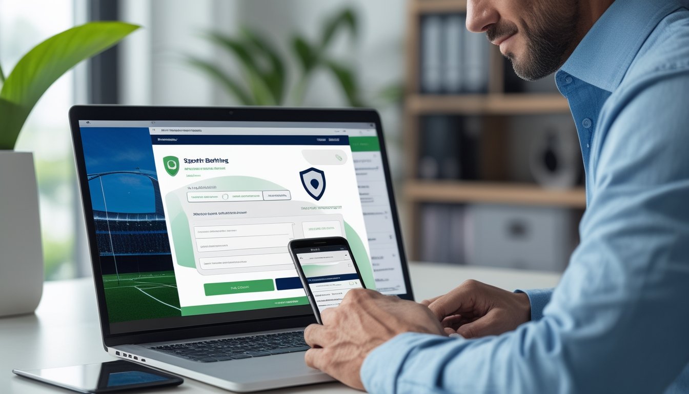 Orang dewasa meninjau platform taruhan sepak bola daring yang aman di laptop dan ponsel.