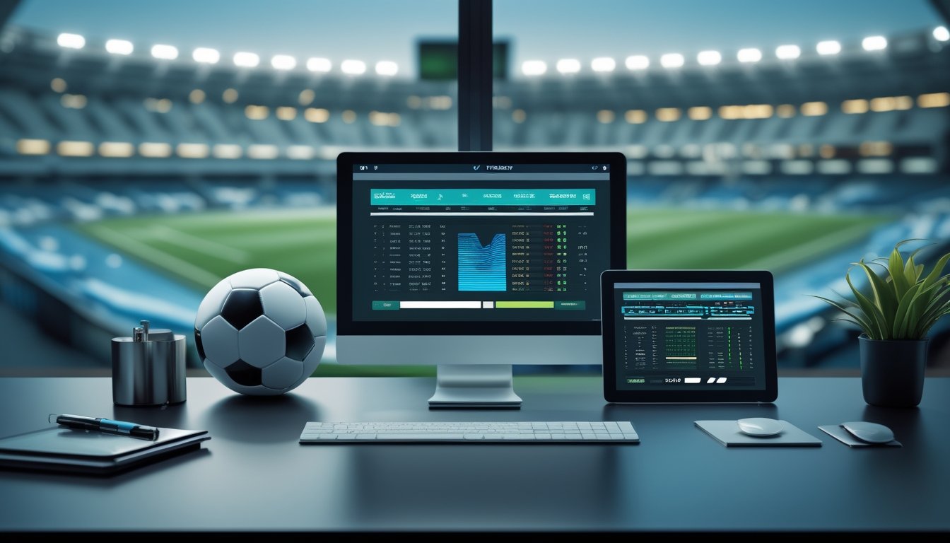 Meja analisis sepak bola dengan bola, tablet berisi grafik abstrak, dan stadion yang tampak di latar belakang.