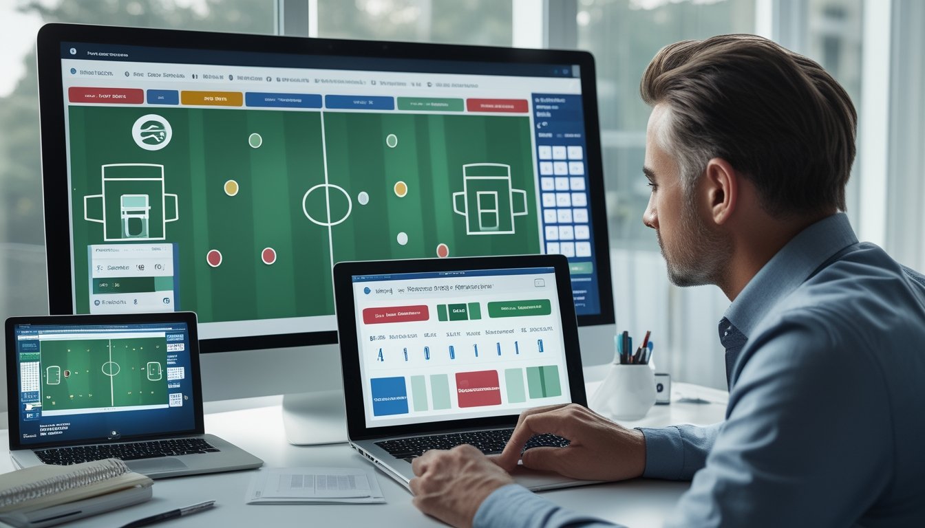 Seorang analis sepak bola membandingkan beberapa platform taruhan resmi di ruang kerja modern dengan simbol keamanan dan statistik pertandingan.
