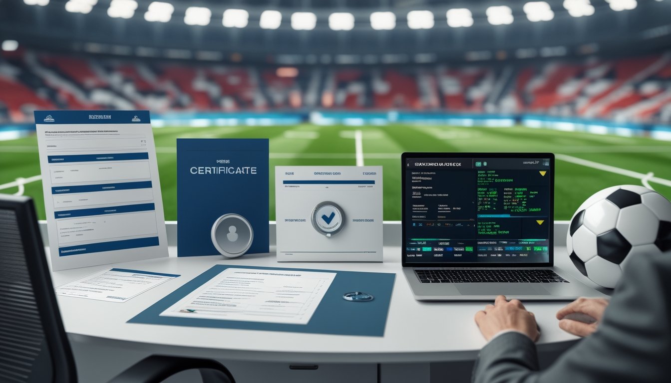 Meja kantor dengan dokumen lisensi, bola sepak, laptop, dan ponsel yang menampilkan pemeriksaan keamanan.