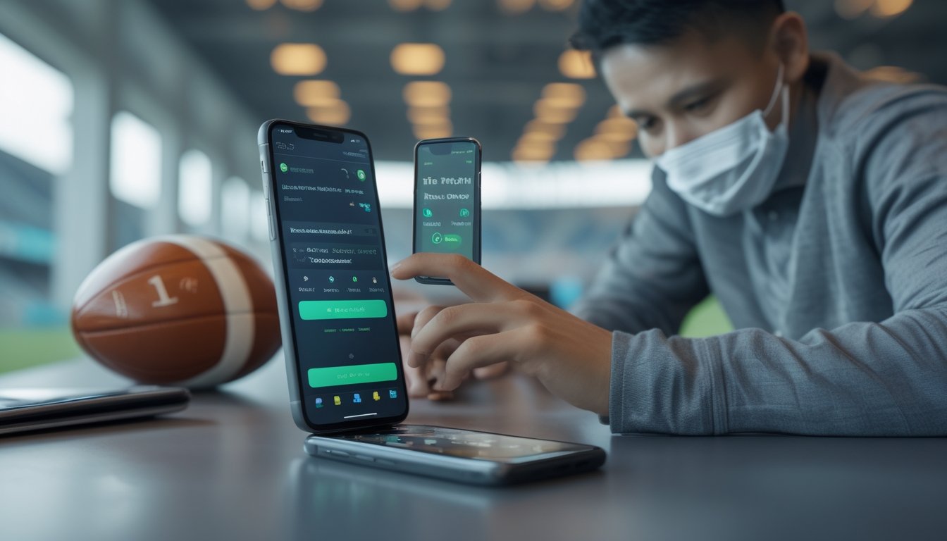 Seseorang menggunakan ponsel untuk mengakses layanan sepak bola dan pembayaran digital di meja kerja modern.