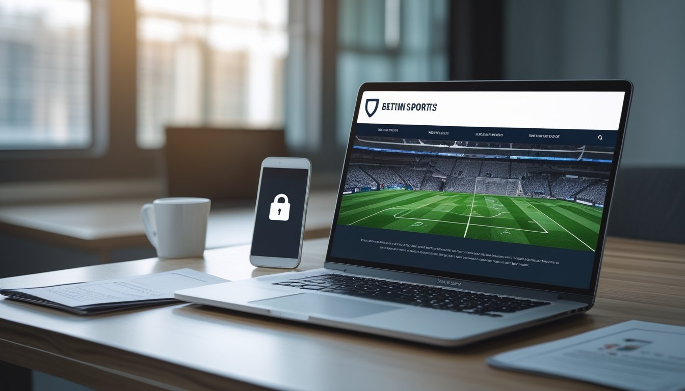 Laptop dan ponsel menampilkan antarmuka olahraga abstrak dengan simbol keamanan, verifikasi, dan dokumen di meja kerja.