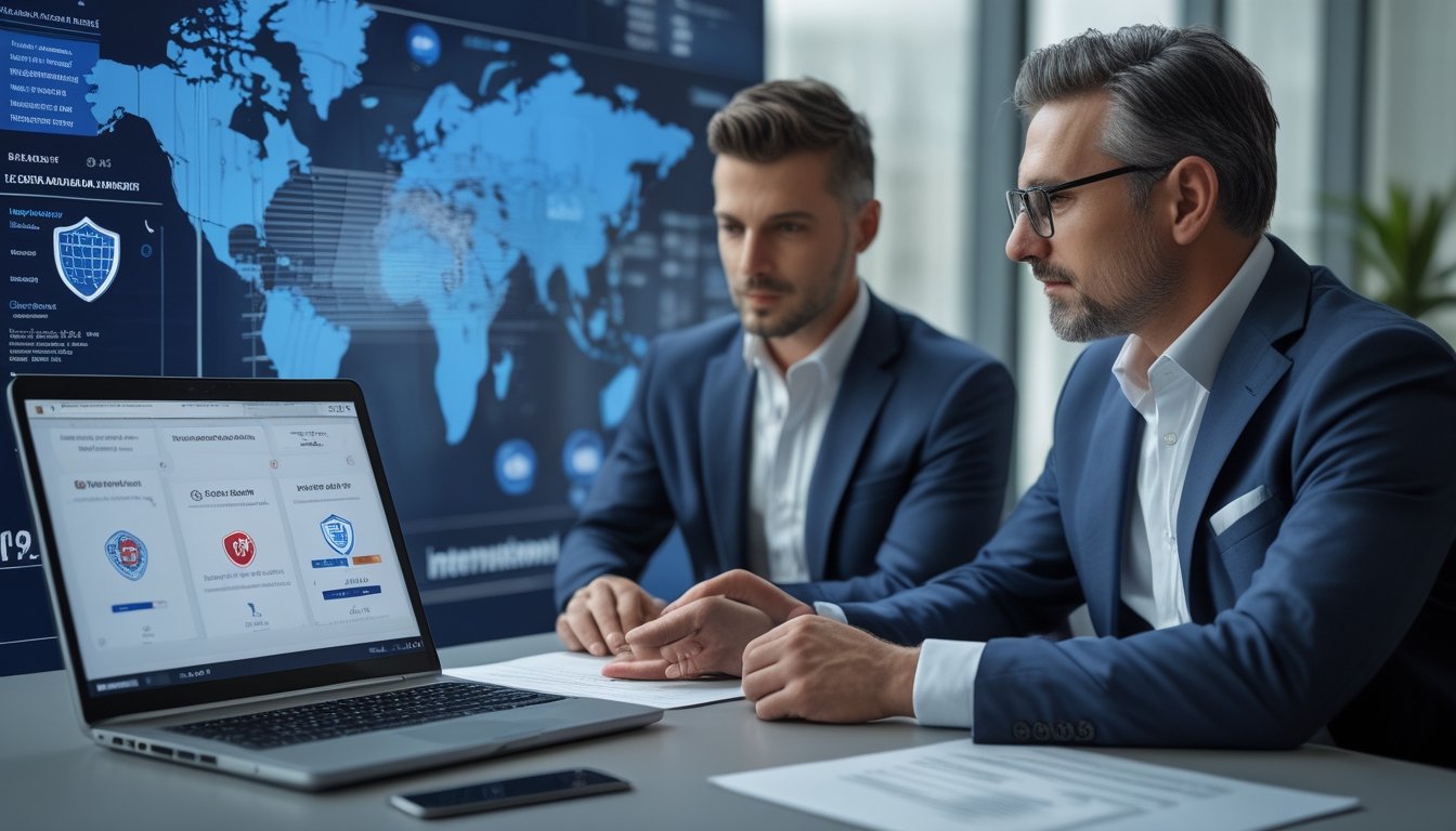 Penggemar sepak bola dewasa meninjau dokumen dan platform digital aman bersama petugas kepatuhan di ruang kantor modern.