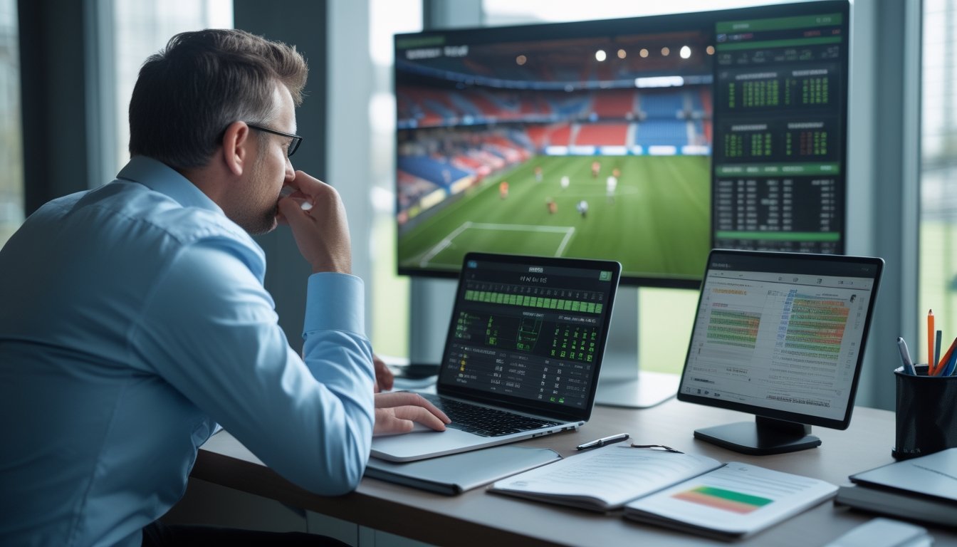 Seorang analis sepak bola mempelajari statistik pertandingan di laptop dan tablet dalam ruang kerja modern.