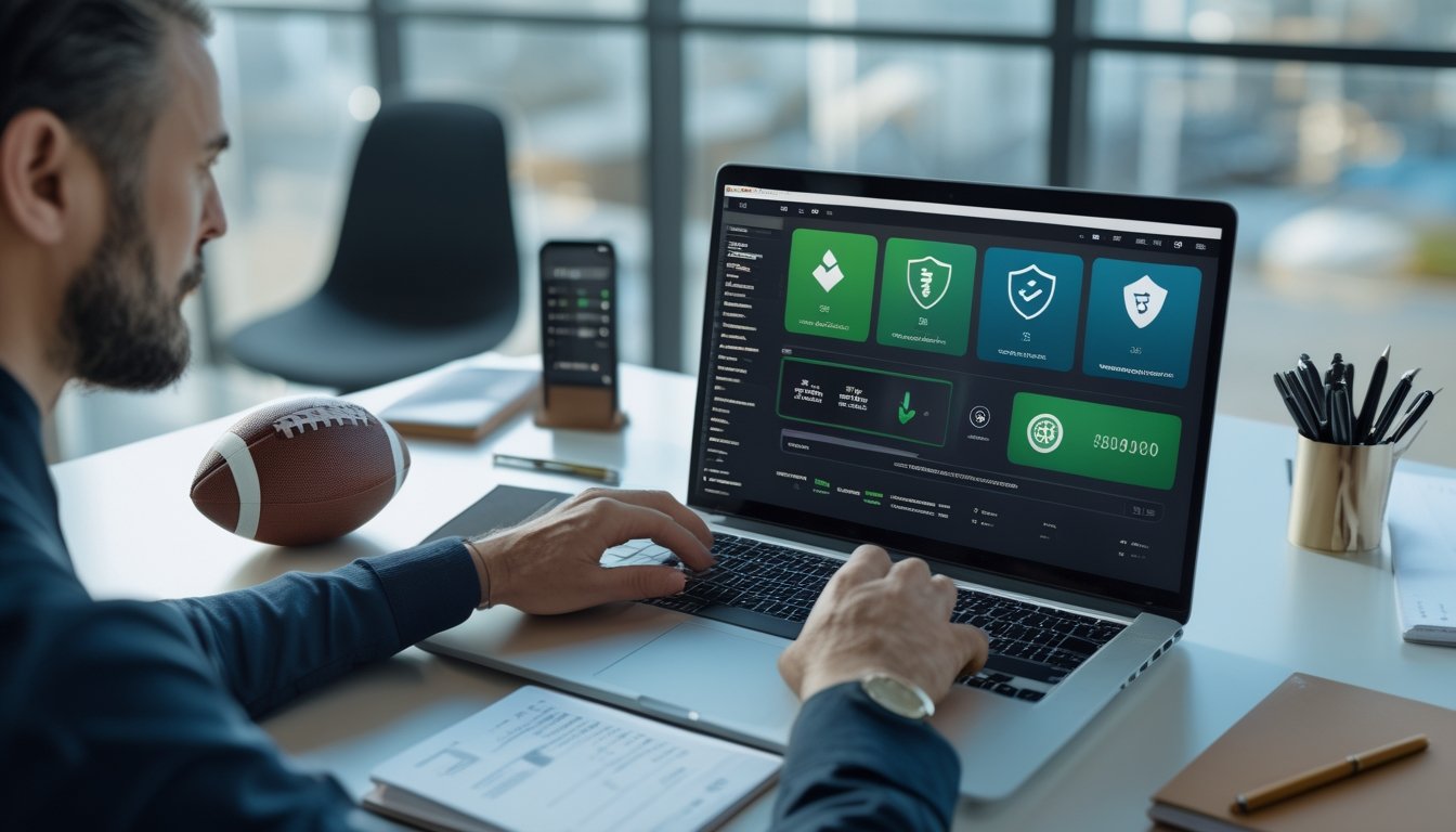 Orang dewasa membandingkan platform sepak bola digital menggunakan laptop dan ponsel di meja kerja.