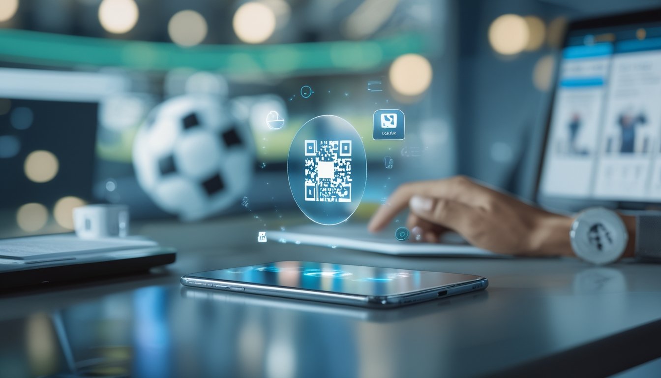 Ponsel menampilkan pembayaran digital bertema olahraga dengan simbol QR dan dompet elektronik di meja modern.