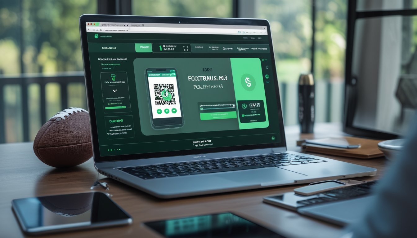 Laptop dan ponsel menampilkan antarmuka sepak bola serta pembayaran digital dengan kode QR di meja kerja modern.
