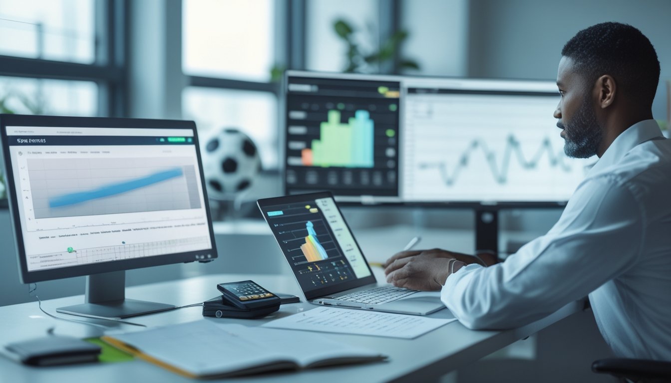 Seorang analis membandingkan data platform taruhan olahraga resmi di meja kerja dengan laptop, ponsel, dan bola sepak.