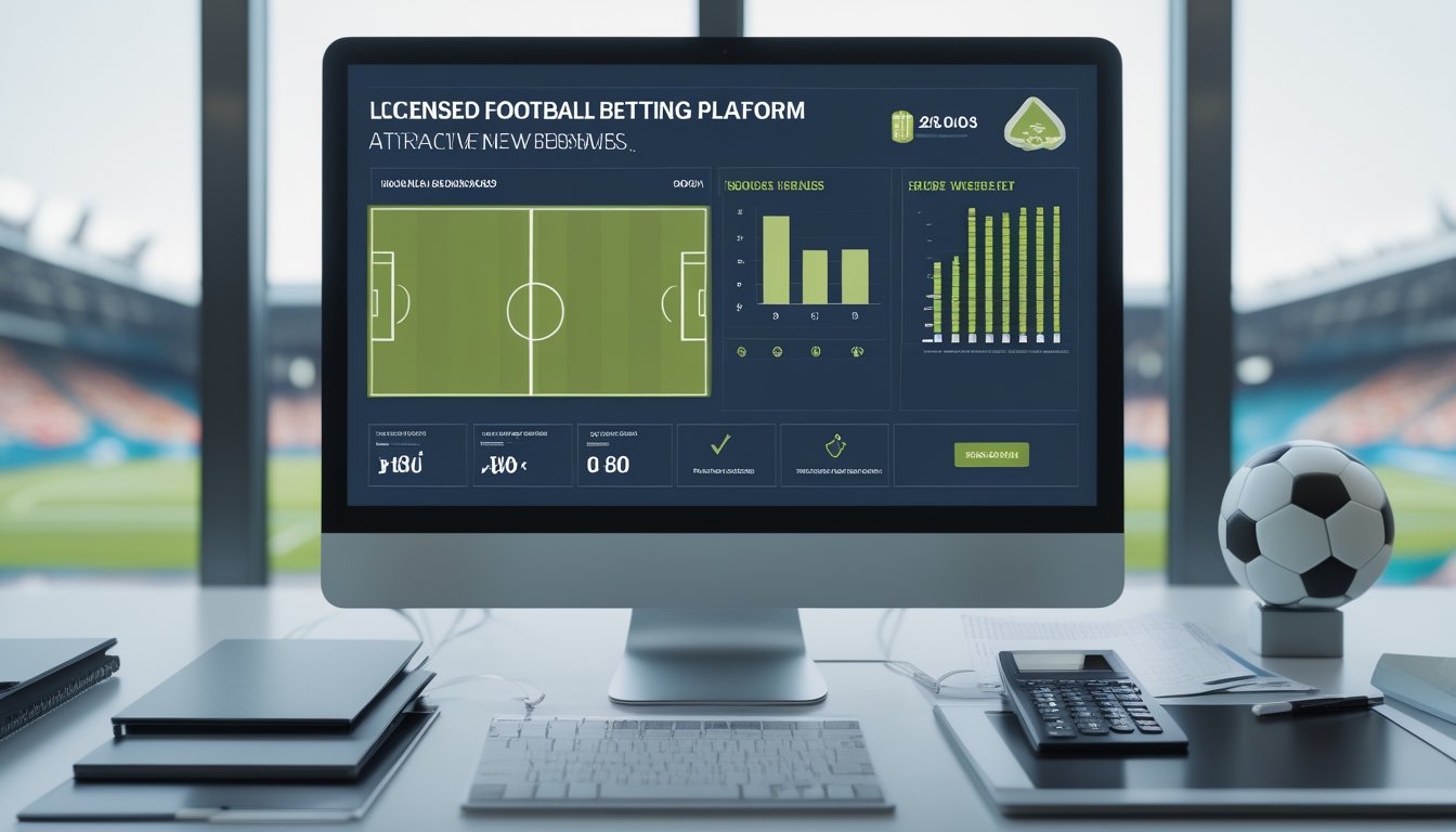 Meja kerja modern dengan layar analisis pertandingan sepak bola dan perbandingan platform taruhan.
