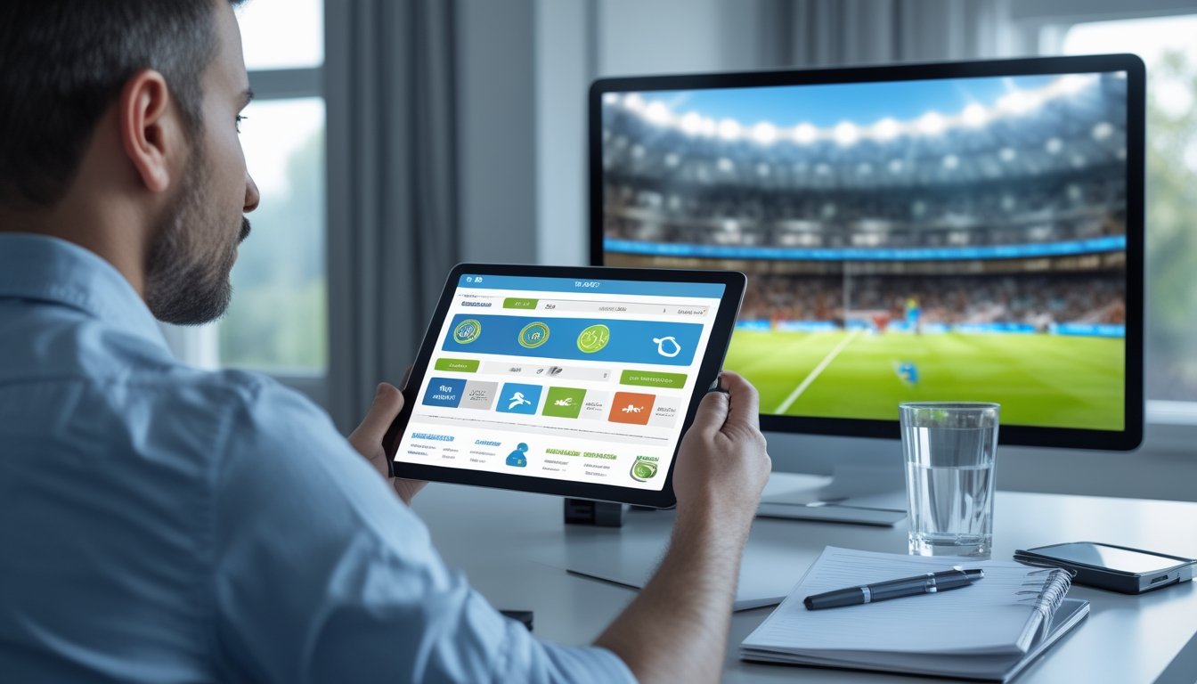 Seorang penggemar sepak bola dewasa mempelajari pertandingan melalui tablet di meja kerja, dengan layar televisi yang menampilkan pertandingan di latar belakang.