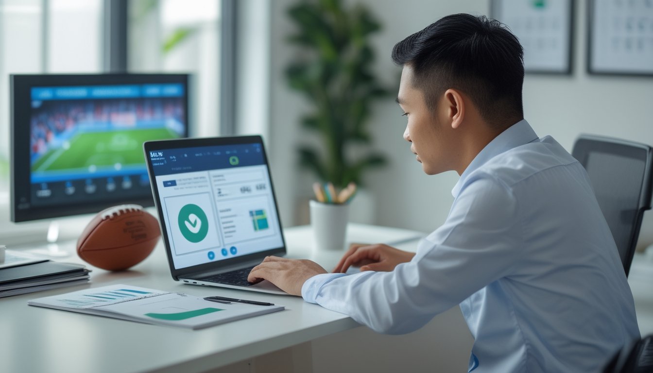 Seorang pemula mempelajari informasi regulasi taruhan sepak bola melalui laptop di ruang kerja.