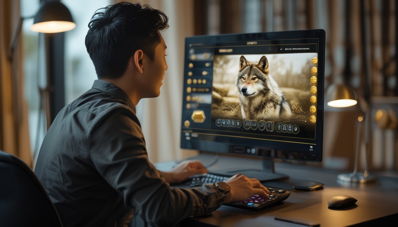 Orang dewasa menikmati permainan slot bertema serigala emas di laptop pada meja modern.