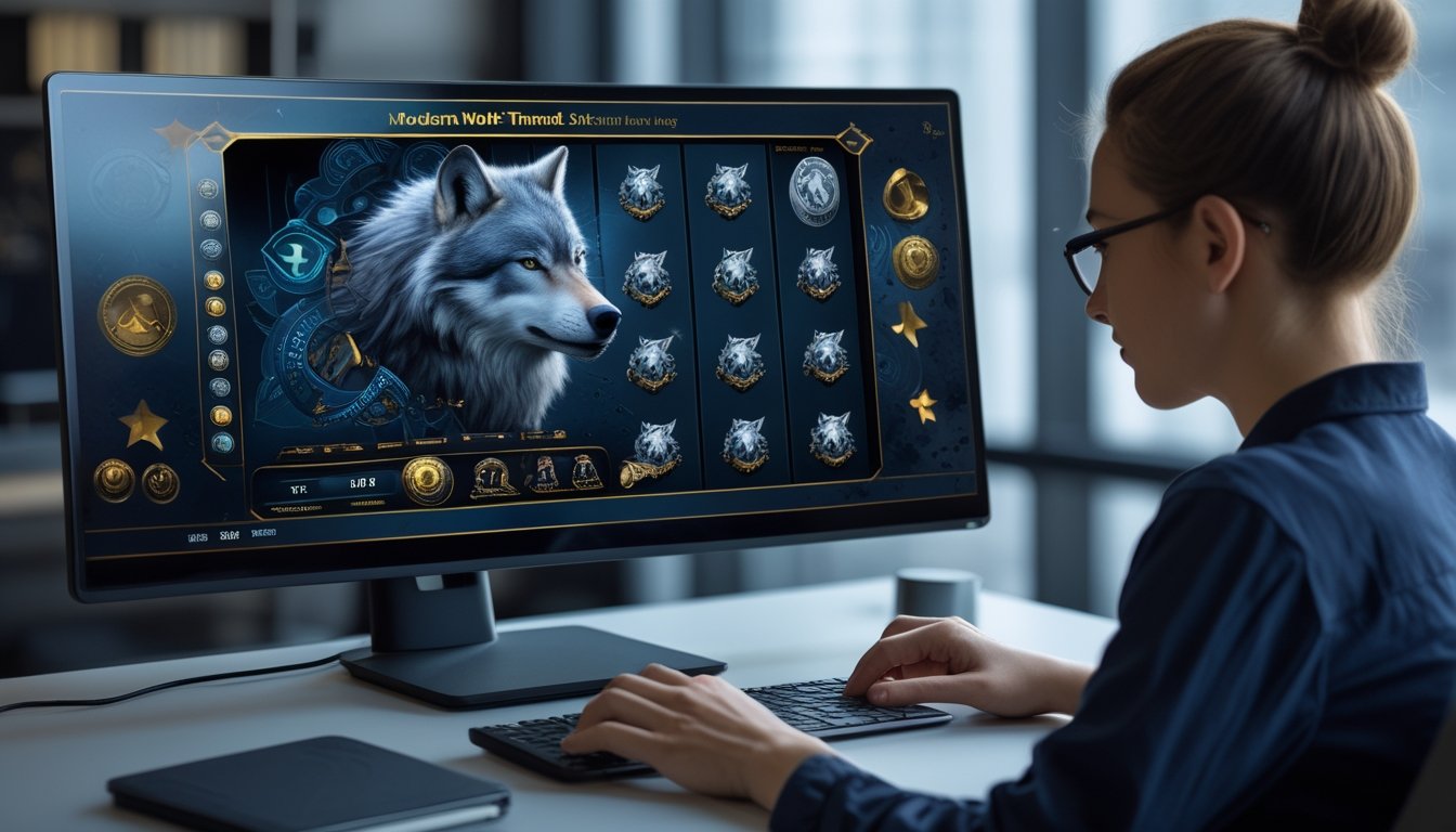 Seseorang mengamati permainan slot bertema serigala di monitor komputer.