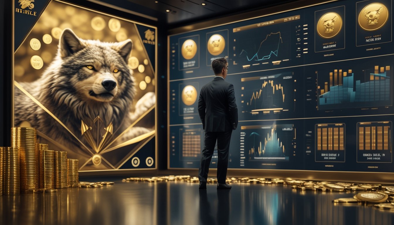 Seorang analis mengamati layar abstrak bertema serigala emas dan grafik data di lingkungan kasino modern.