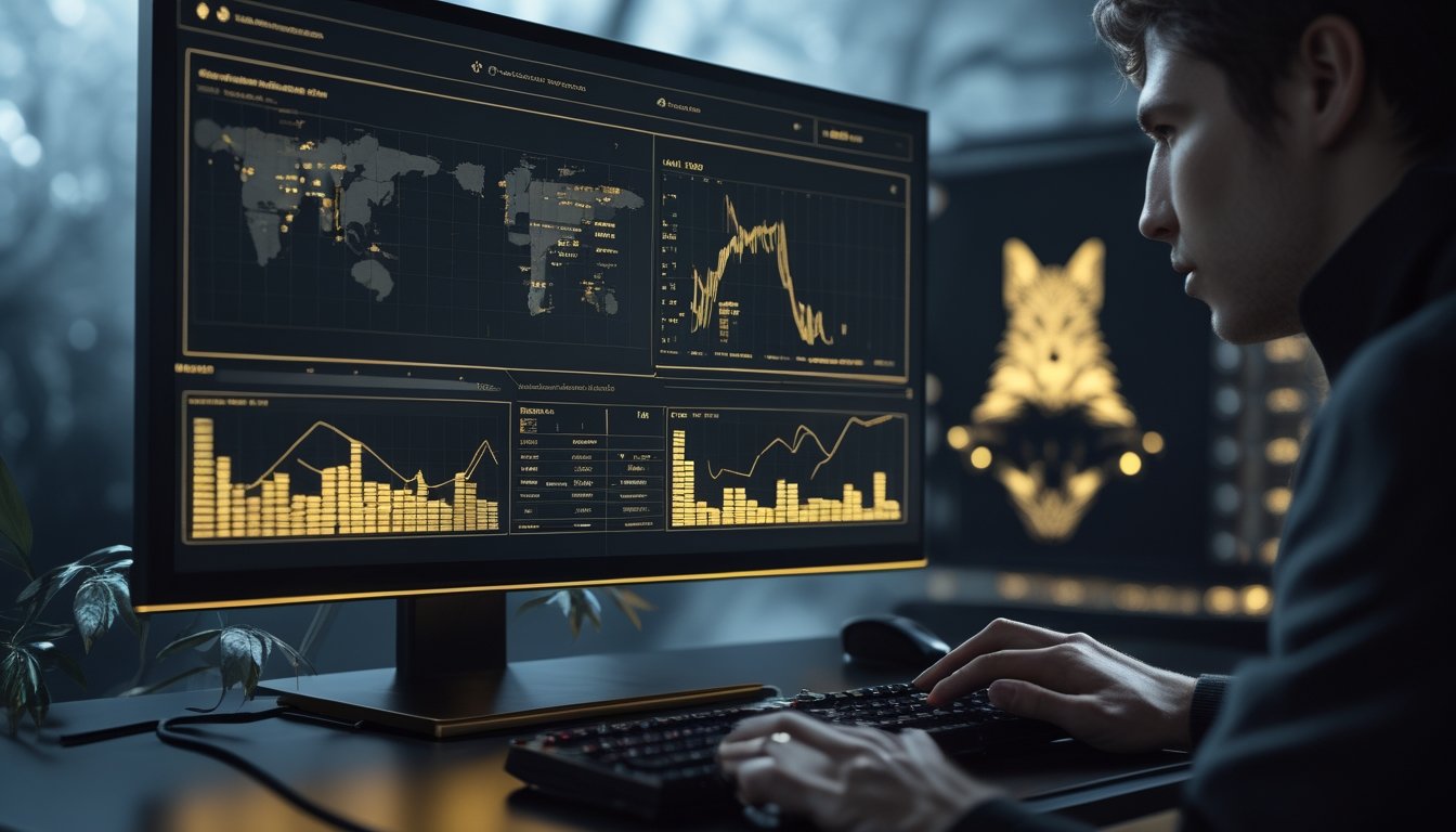 Meja kerja modern dengan monitor menampilkan grafik analisis abstrak, serta mesin slot bernuansa hitam dan emas dengan simbol serigala.
