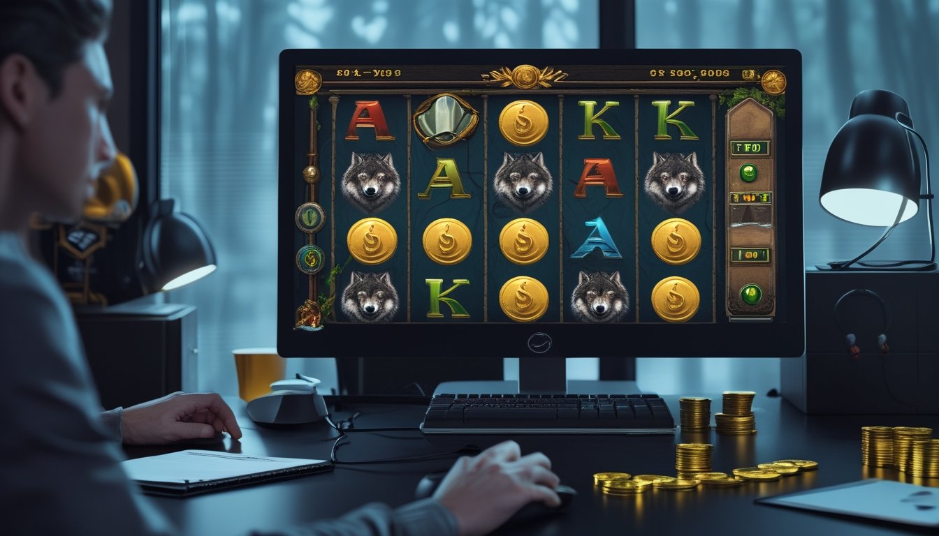 Seseorang mengoperasikan permainan slot bertema serigala di komputer dengan catatan kosong dan keping emas di meja.